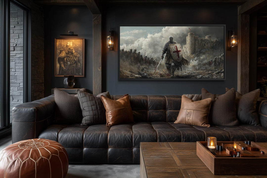 Extra large canvas wall art of a crusader knight in a dark, cinematic medieval battlefield scene.
