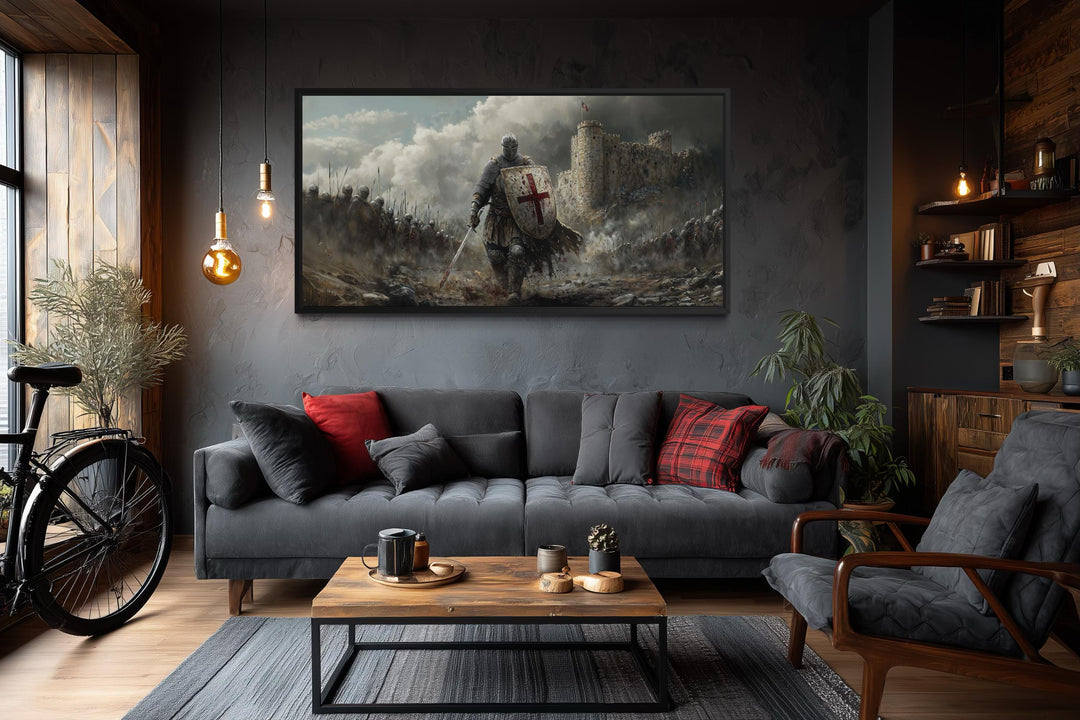 Extra large canvas wall art of a crusader knight in battle hanging in a dark, modern living room.