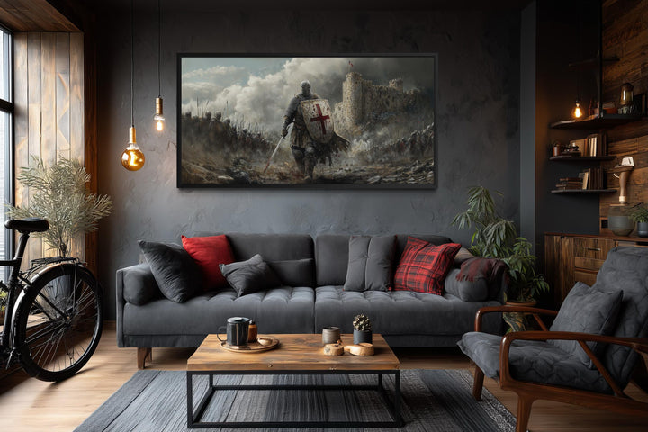 Extra large canvas wall art of a crusader knight in battle hanging in a dark, modern living room.