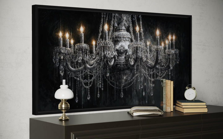 Large horizontal canvas wall art of a detailed crystal chandelier against a dark background.