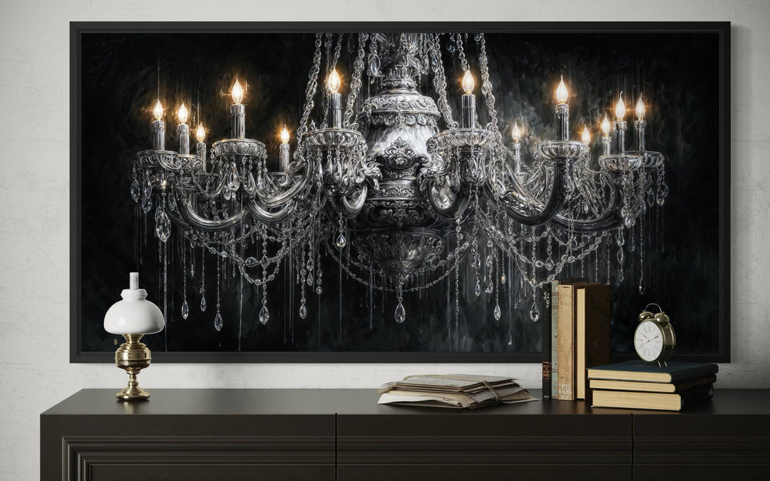 Large horizontal canvas wall art of a detailed crystal chandelier against a dark background.