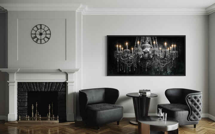 Large horizontal canvas wall art of a detailed crystal chandelier against a dark background.