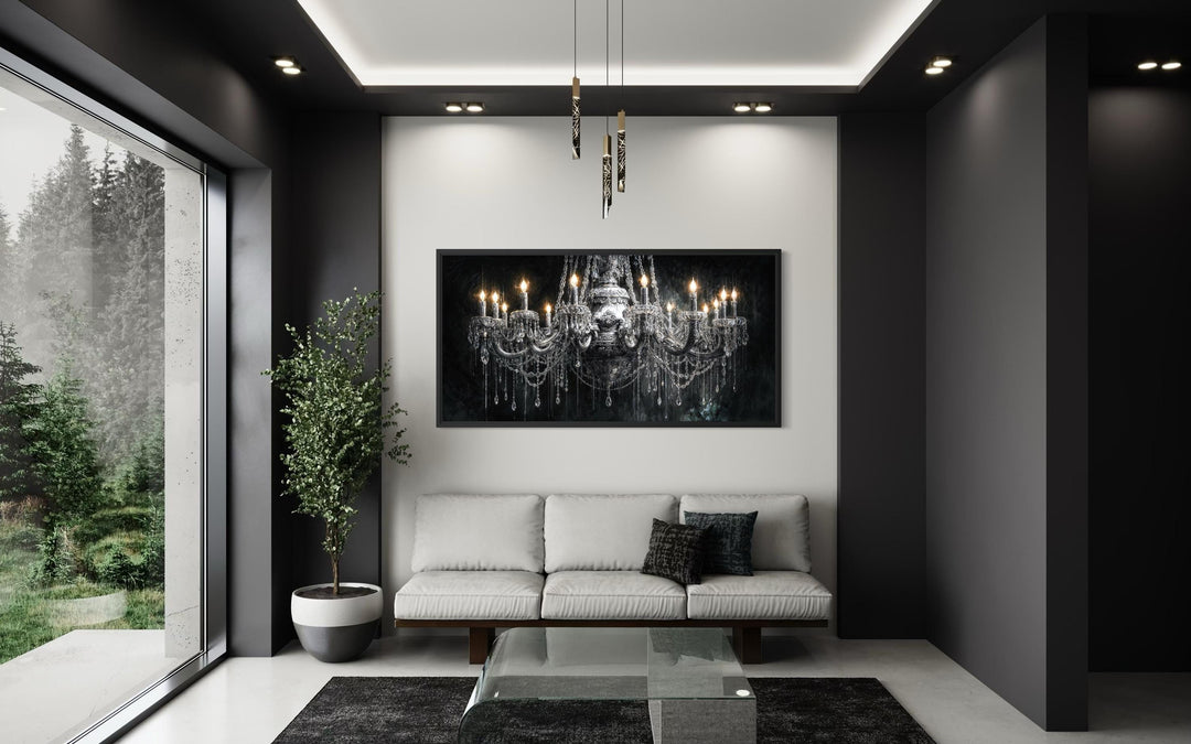 Large horizontal canvas wall art featuring a detailed crystal chandelier on a dark background.