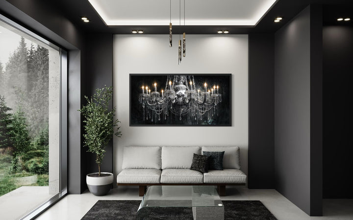 Large horizontal canvas wall art featuring a detailed crystal chandelier on a dark background.