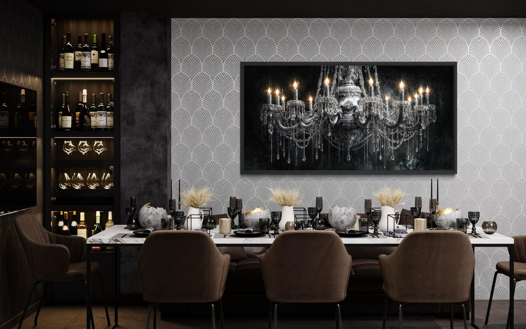 Large horizontal canvas wall art of a detailed crystal chandelier against a dark background.