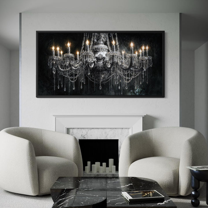 Large horizontal canvas wall art of a crystal chandelier in a modern living room.
