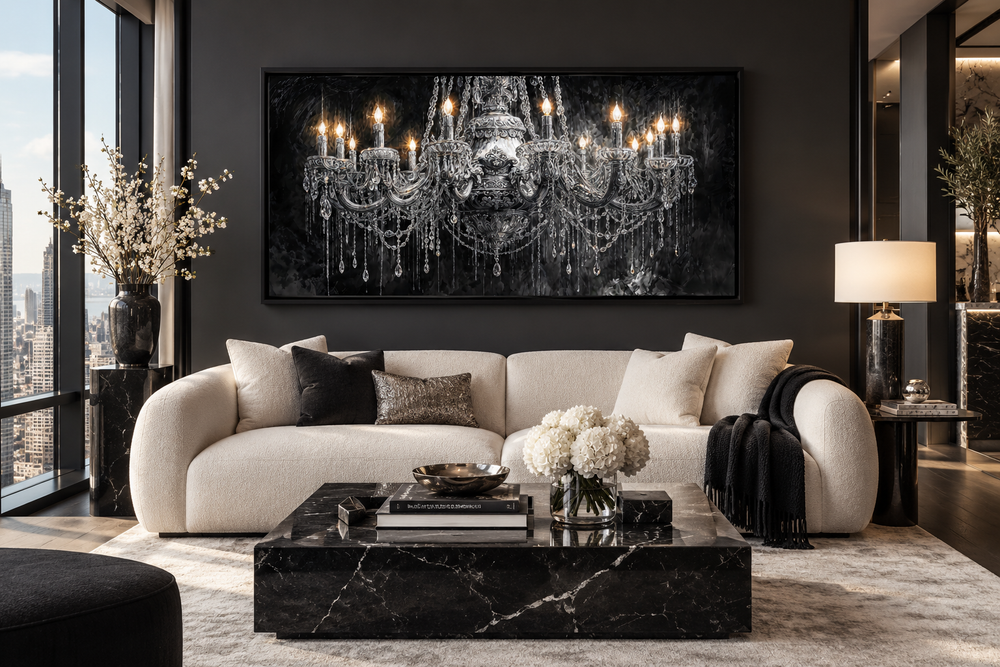 Crystal Chandelier Large Horizontal Canvas Wall Art in a dark, modern living room above a sofa.