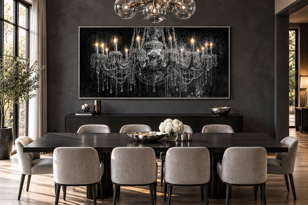 Large horizontal canvas wall art of a detailed crystal chandelier against a dark background.