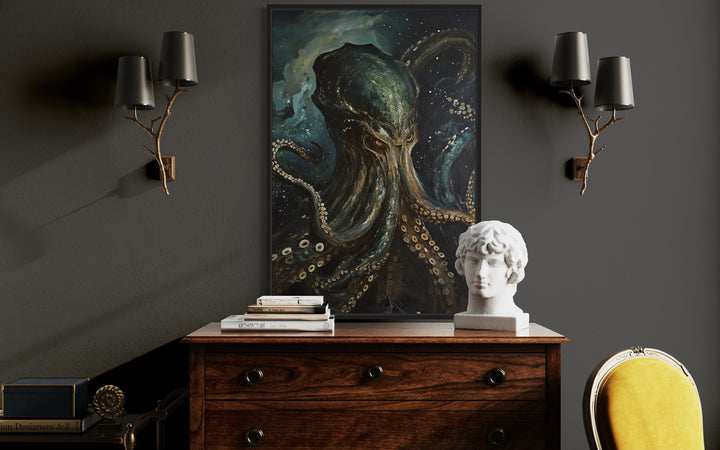 Framed canvas art of a gothic Cthulhu space monster.