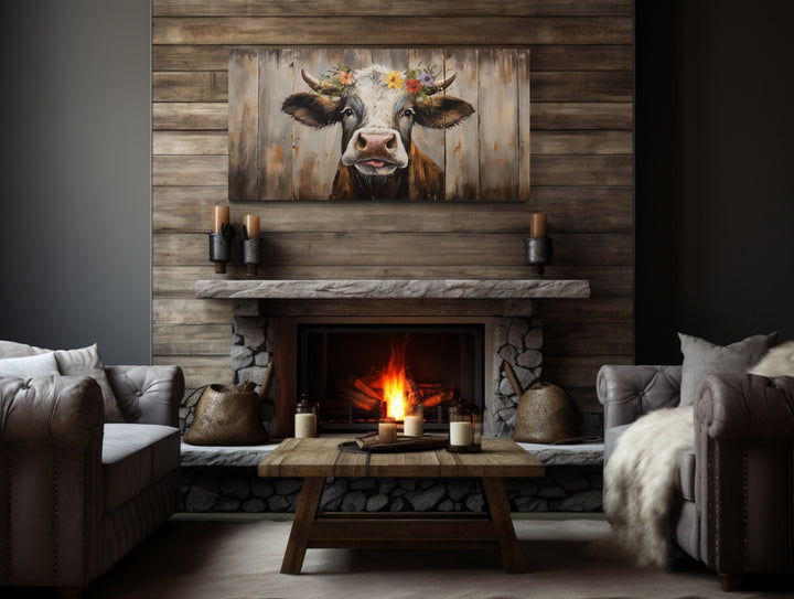 Curious Cow On Wood Rustic Framed Farmhouse Canvas Wall Art