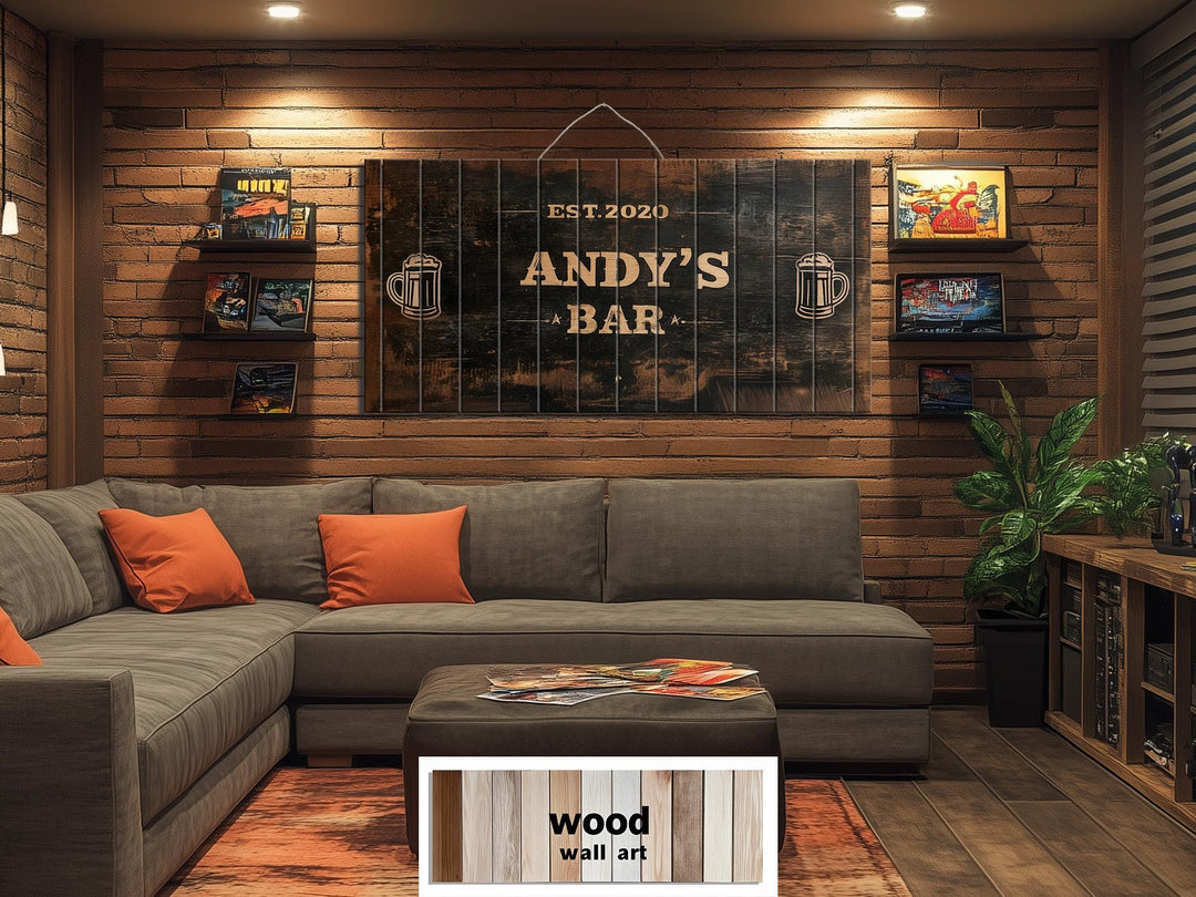 Custom Bar Name Sign On Wood - Rustic Man Cave Wall Art Distressed Wood Wall Decor