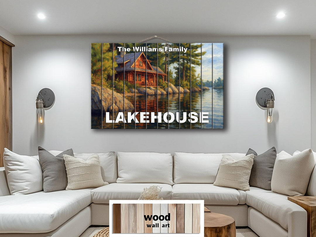 Custom Lakehouse Sign - Personalized Rustic Painting Print On Wood