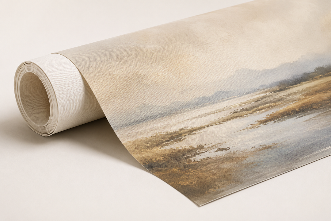 A rolled artist-grade canvas featuring a custom landscape painting with earthy tones.