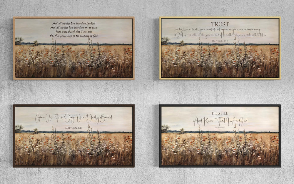 Four framed canvas prints featuring custom scripture over a golden wildflower landscape.