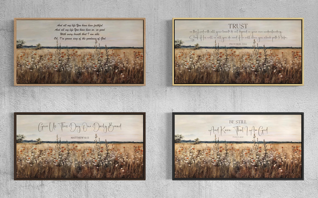 Four framed canvas prints featuring custom scripture over a golden wildflower landscape.