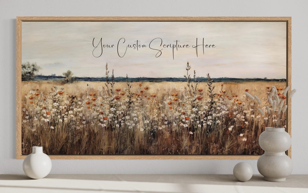 Custom scripture canvas print featuring a golden wildflower landscape in a light wood frame.