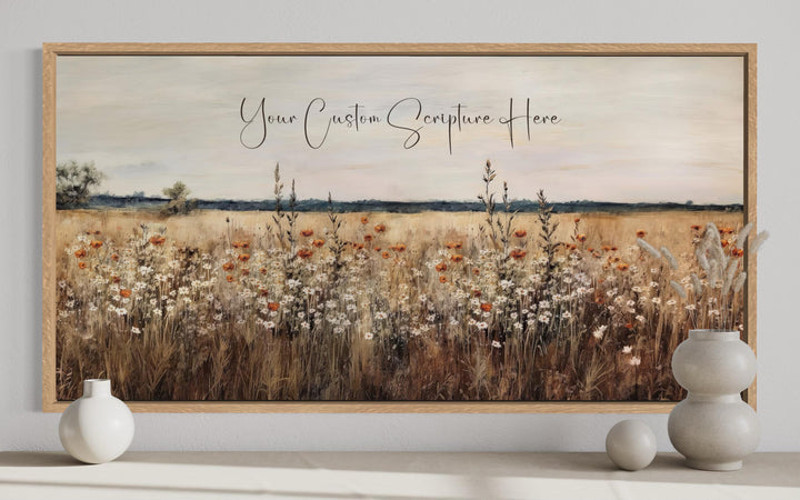 Custom scripture canvas print featuring a golden wildflower landscape in a light wood frame.