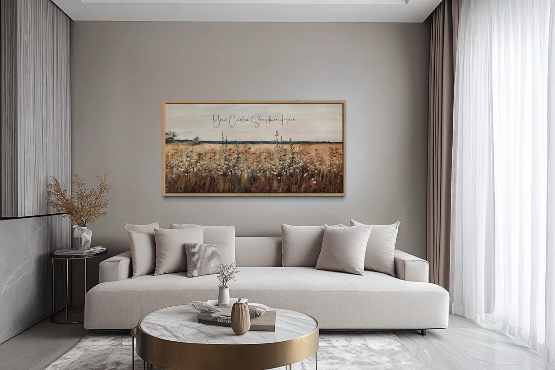 Custom scripture wall art featuring a wildflower landscape canvas print in a modern living room.