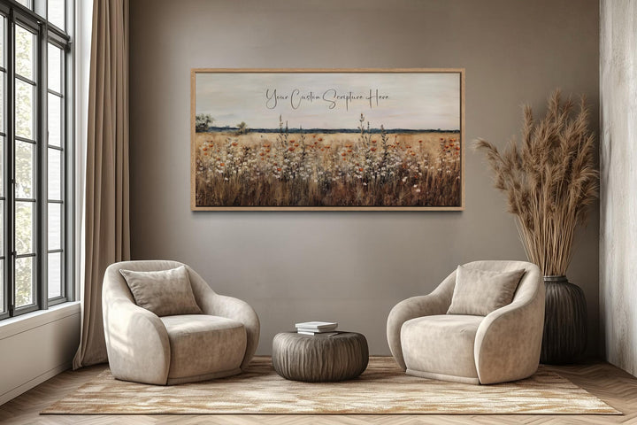 Custom scripture canvas print featuring a wildflower landscape in a warm, neutral living room.