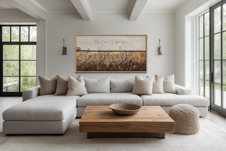 Custom scripture wall art featuring a wildflower landscape canvas print in a modern living room.