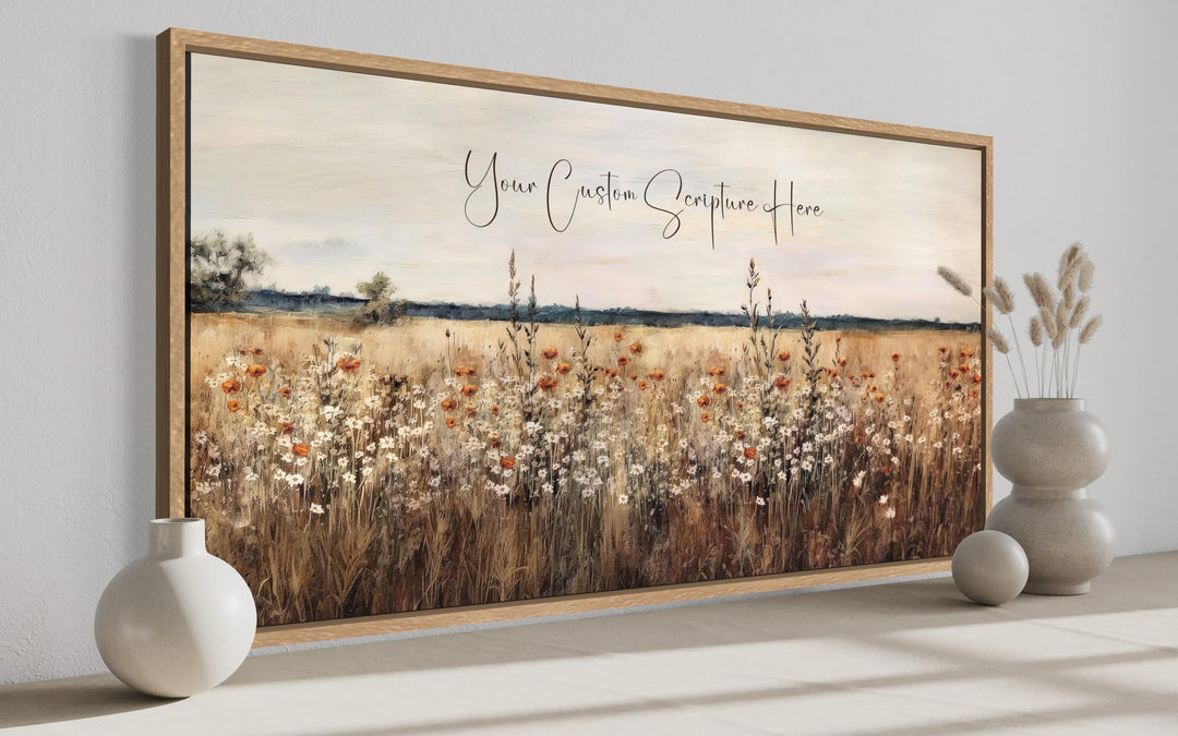 Custom scripture canvas print featuring a golden wildflower landscape in a wooden frame.