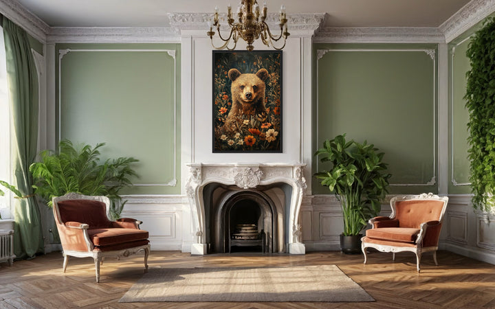 Cute Bear In Flowers William Morris Inspired Framed Canvas Wall Art