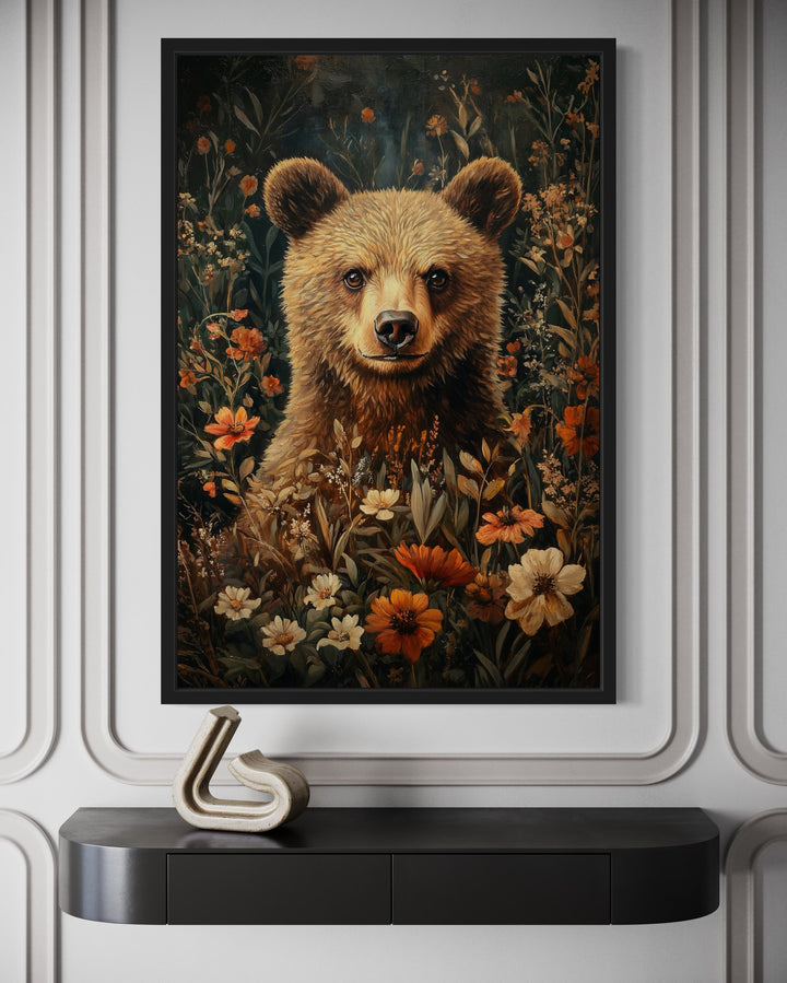 Cute Bear In Flowers William Morris Inspired Framed Canvas Wall Art