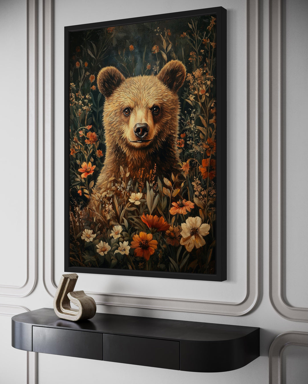 Cute Bear In Flowers William Morris Inspired Framed Canvas Wall Art