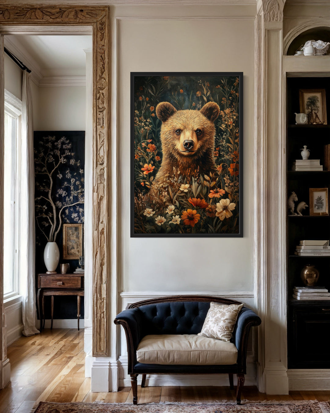 Cute Bear In Flowers William Morris Inspired Framed Canvas Wall Art