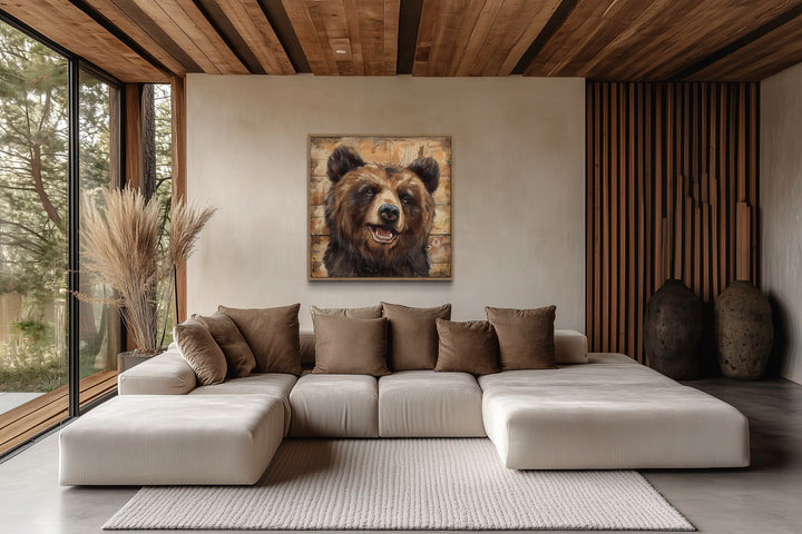 Cute Bear Portrait on Distressed Wood Framed Cabin Wall Decor