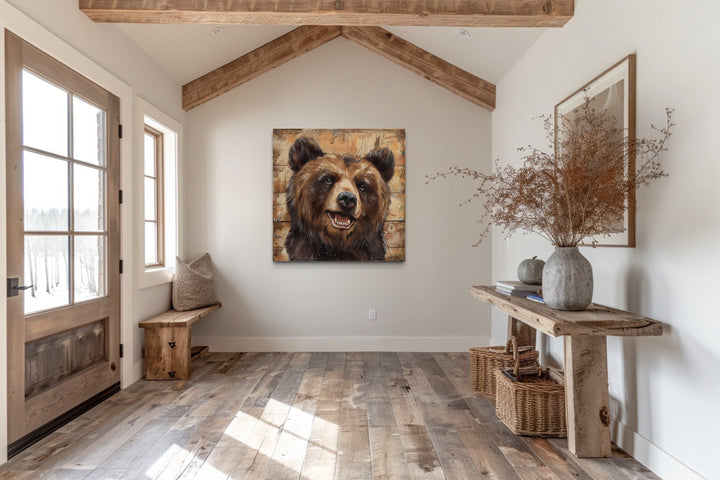 Cute Bear Portrait on Distressed Wood Framed Cabin Wall Decor