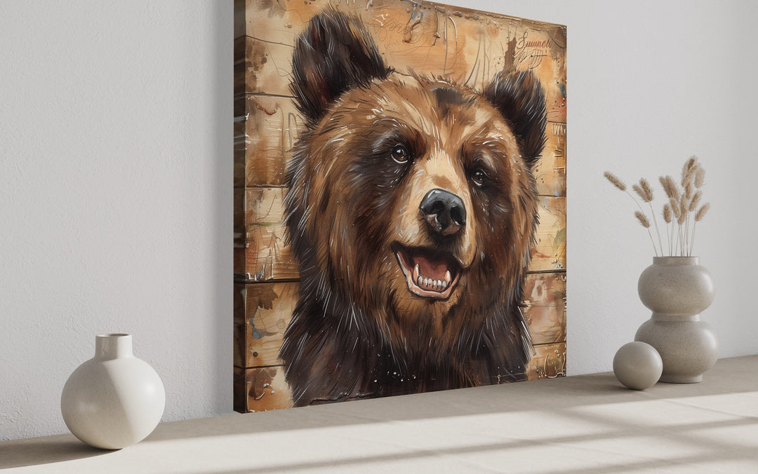 Cute Bear Portrait on Distressed Wood Framed Cabin Wall Decor