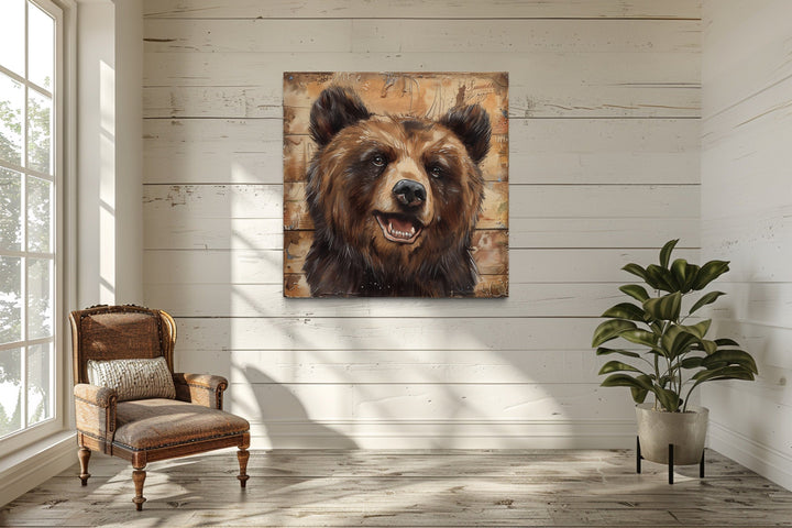 Cute Bear Portrait on Distressed Wood Framed Cabin Wall Decor