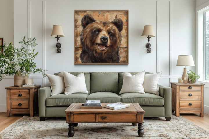 Cute Bear Portrait on Distressed Wood Framed Cabin Wall Decor