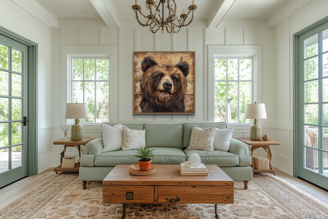 Cute Bear Portrait on Distressed Wood Framed Cabin Wall Decor