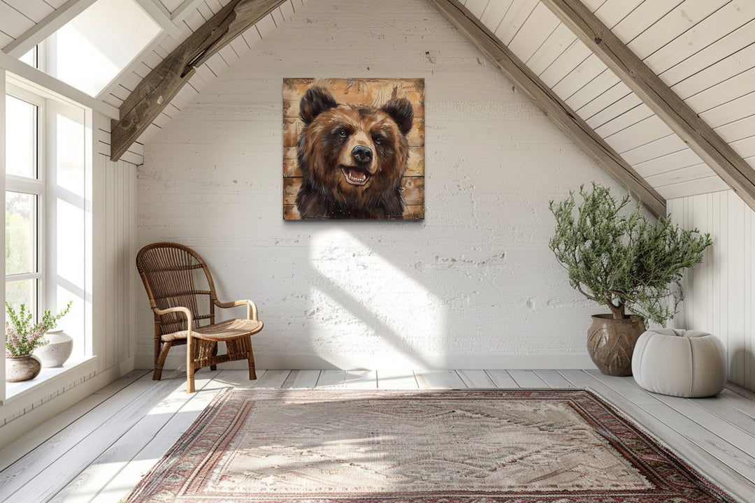 Cute Bear Portrait on Distressed Wood Framed Cabin Wall Decor