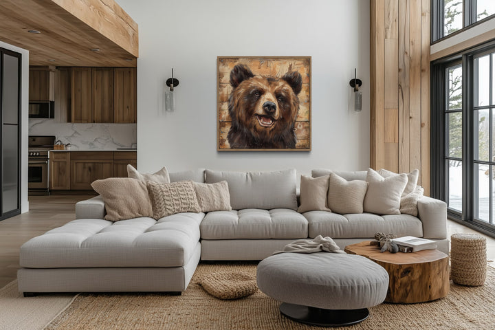 Cute Bear Portrait on Distressed Wood Framed Cabin Wall Decor