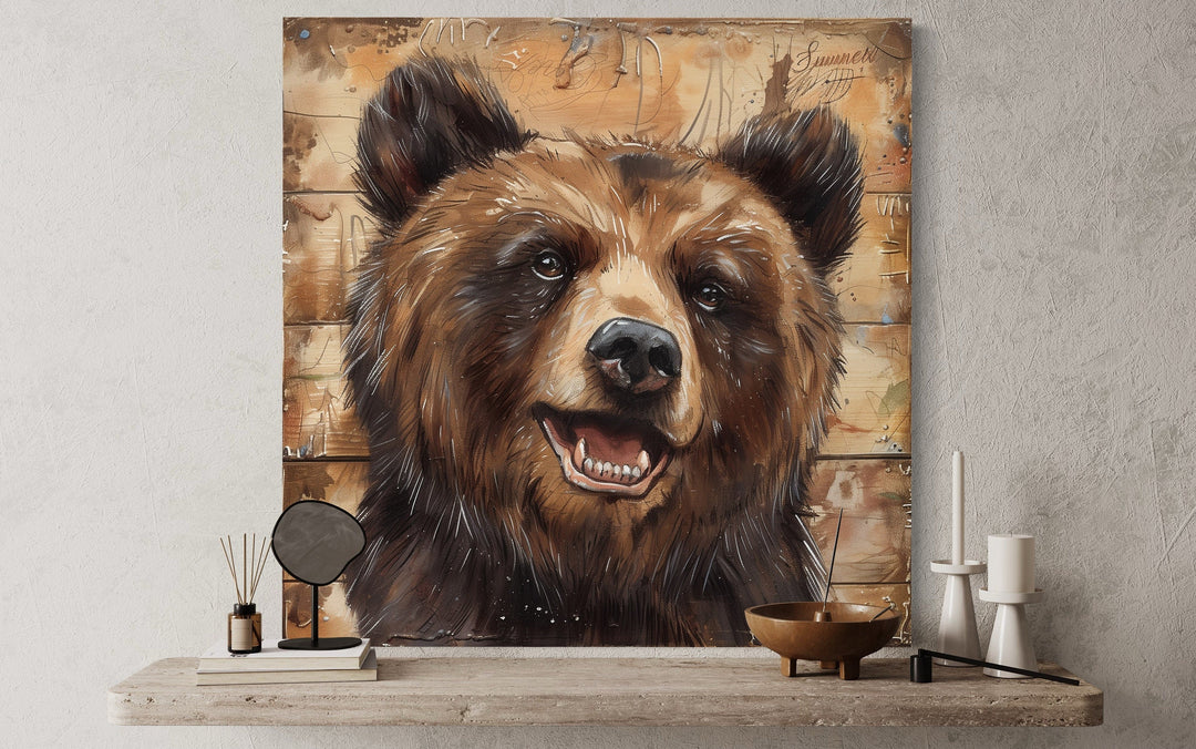 Cute Bear Portrait on Distressed Wood Framed Cabin Wall Decor