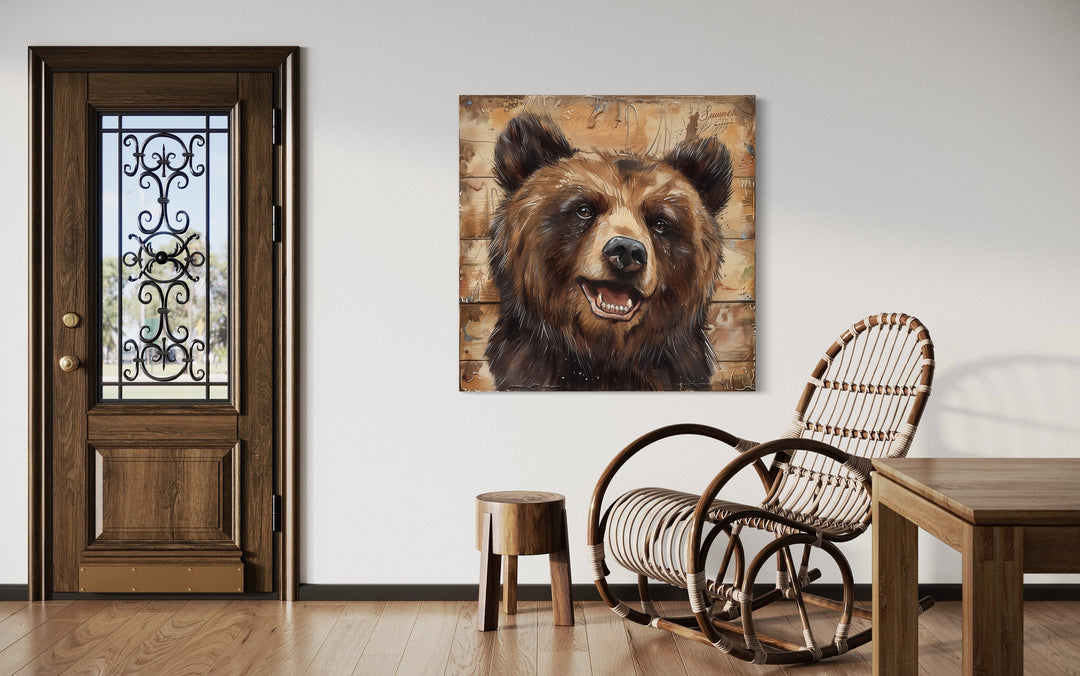 Rustic Cabin Wall Decor - Cute Bear Portrait on Distressed Wood Framed Cabin Wall Decor