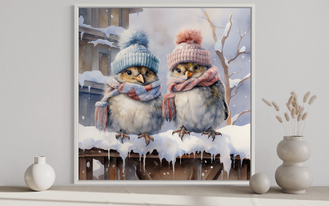 Cute Birds In Hats In Snow Winter Framed Canvas Wall Art