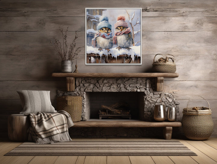 Cute Birds In Hats In Snow Winter Framed Canvas Wall Art