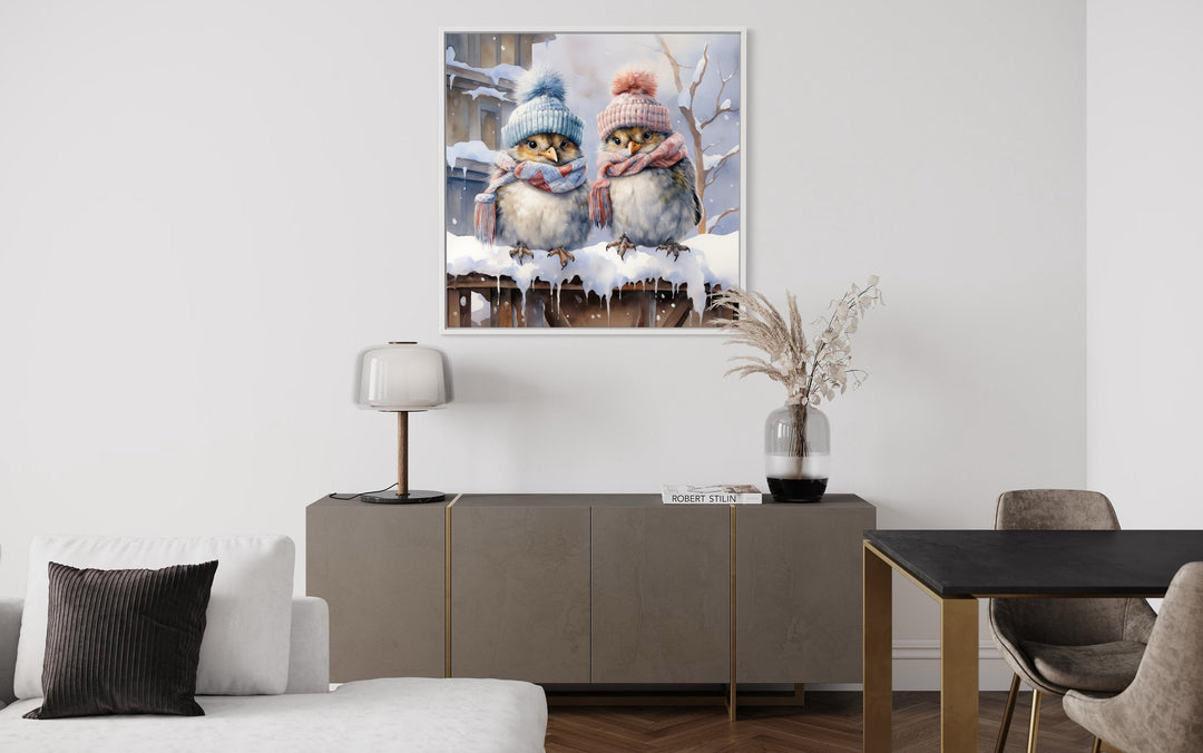 Cute Birds In Hats In Snow Winter Framed Canvas Wall Art