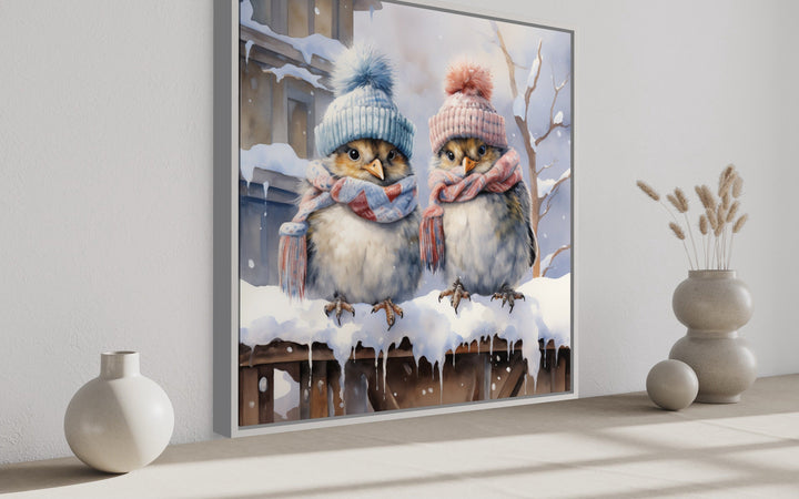 Cute Birds In Hats In Snow Winter Framed Canvas Wall Art