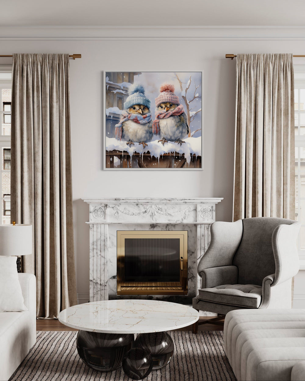 Cute birds in hats in snow winter framed canvas wall art.
