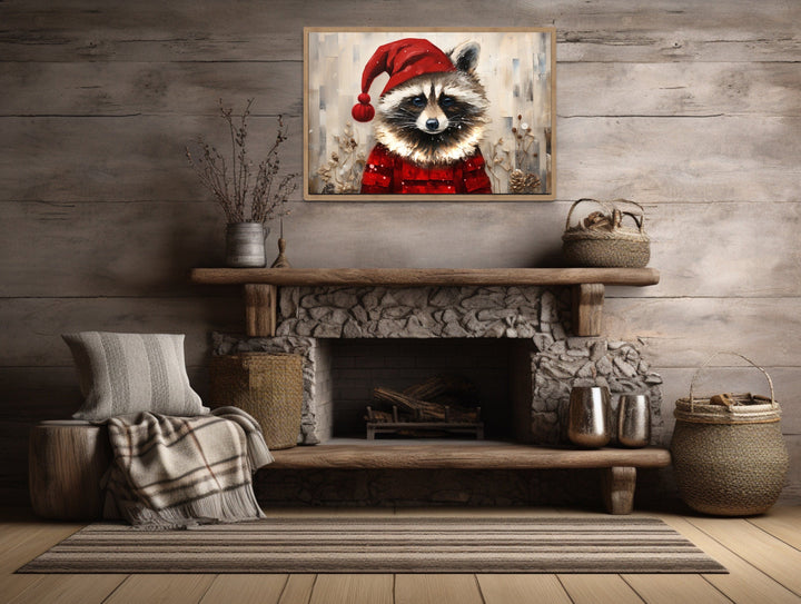 Framed canvas art of a raccoon wearing a Santa hat.