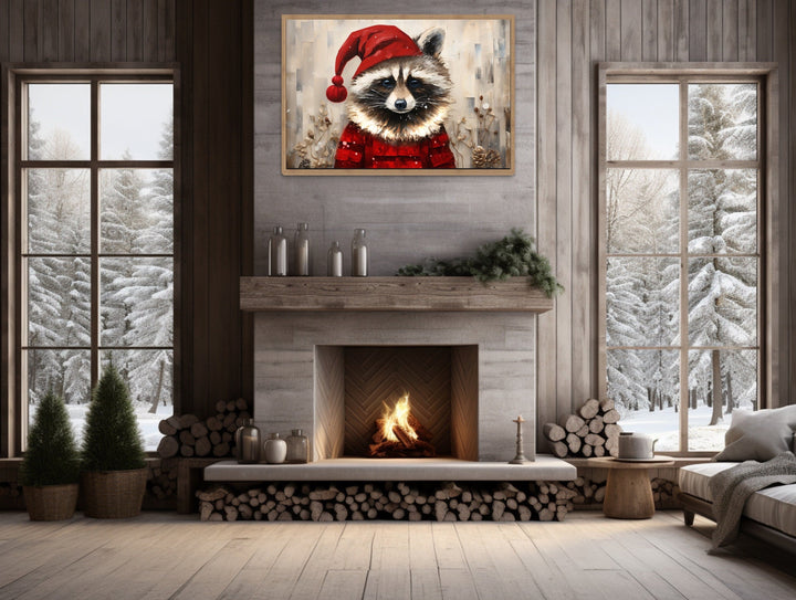 Cute Christmas Raccoon in Santa Hat Framed Canvas Wall Art