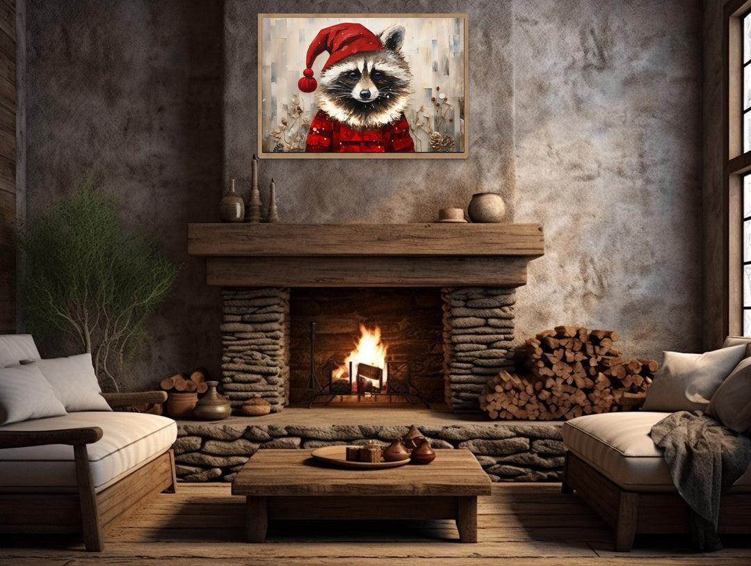 Cute Christmas raccoon in Santa hat framed canvas wall art.