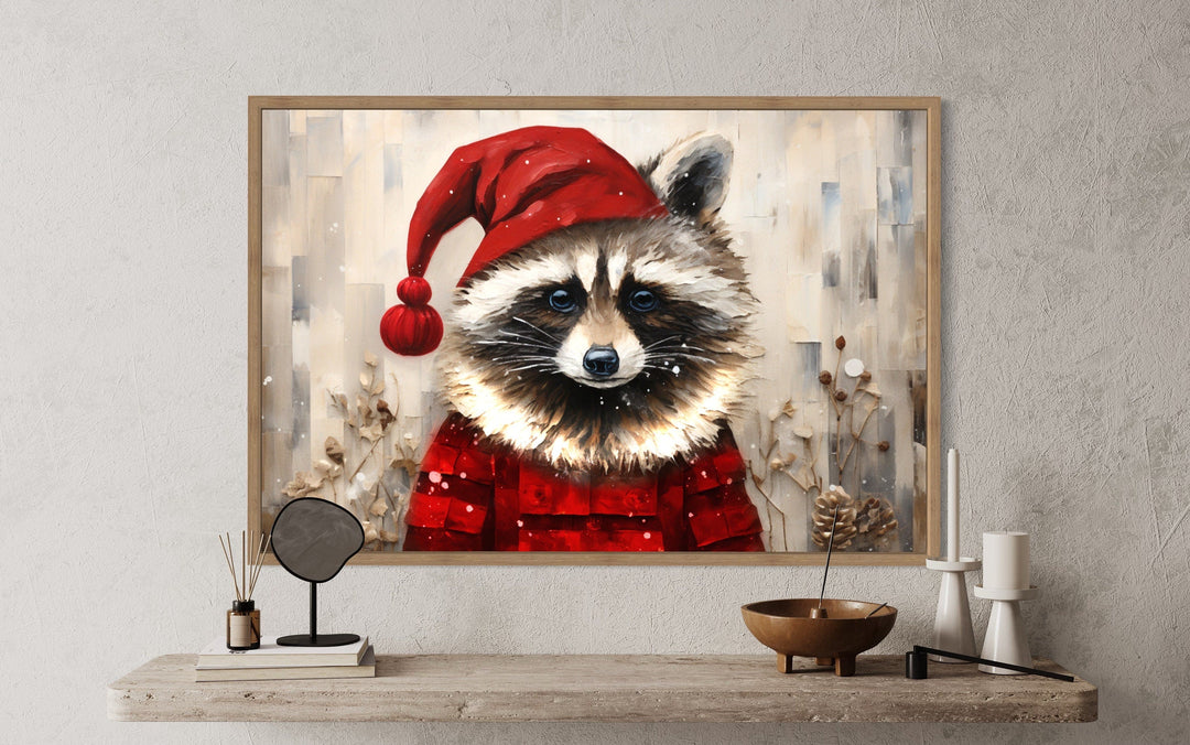 Cute Christmas Raccoon in Santa Hat Framed Canvas Wall Art