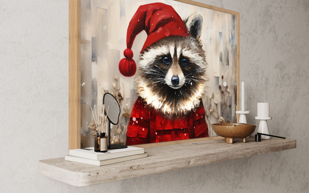 Cute Christmas Raccoon in Santa Hat Framed Canvas Wall Art