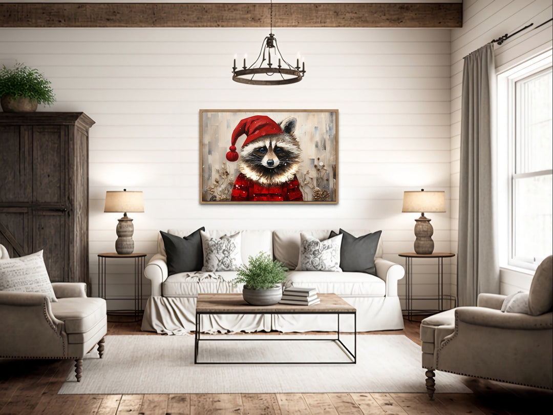 Cute Christmas raccoon in Santa hat framed canvas wall art.